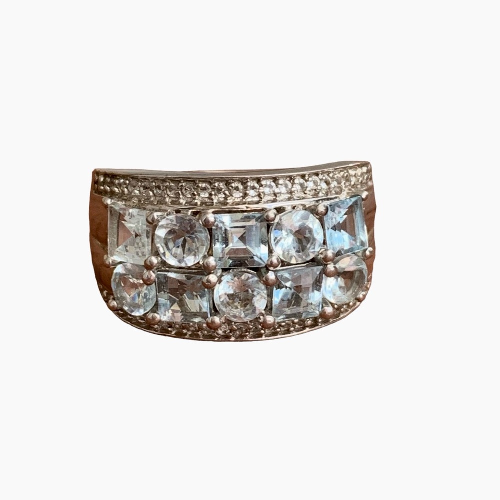 Sterling Silver Aquamarine Cubic Zirconia Square & Round Cut Unisex Ring Jewelry